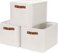 HNZIGE Large Fabric Storage Basket Organizers (3 PCS), Foldable Decorative Shelf Baskets with Leather Handles (Cream, 15" x 11" x 9.5")