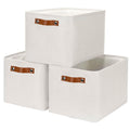 HNZIGE Large Fabric Storage Basket Organizers (3 PCS), Foldable Decorative Shelf Baskets with Leather Handles (Cream, 15" x 11" x 9.5")