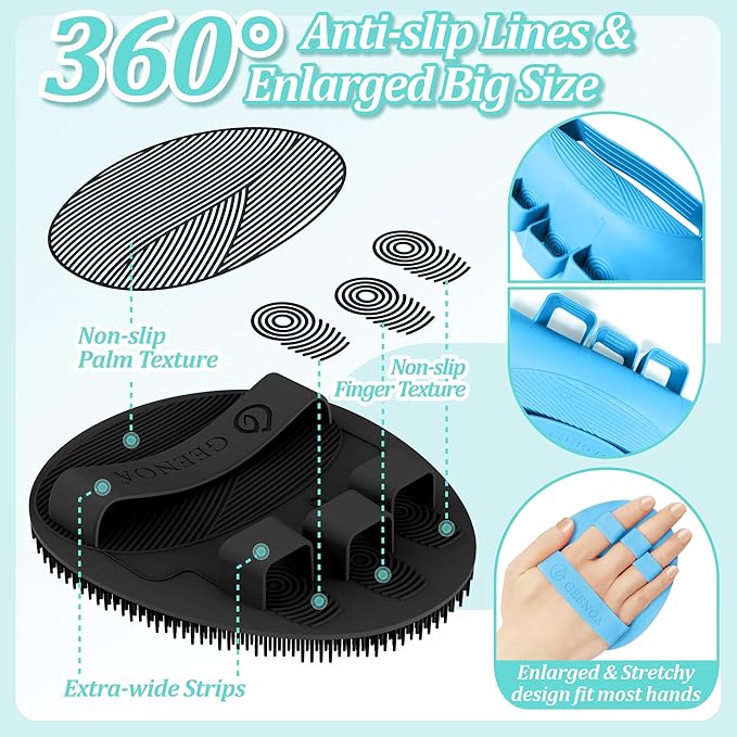 Silicone Bath Gloves 2PCS, 360° Anti-Slip & Enlarged Silicone Body Scrubber for Rich Foaming Deep Cleaning, Revolutionary No-Grip & Hand-fit Shower Scrubber for All Skin Types.(Black+Blue)