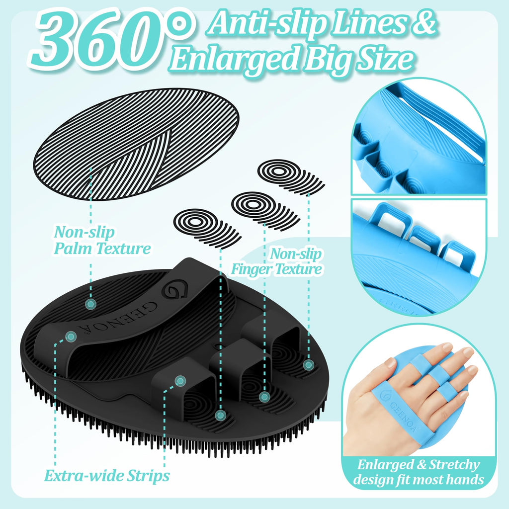 GEENOA New Silicone Bath Glove with Straps, 360° Anti-Slip & Enlarged Exfoliating Body Scrubber for Rich Foaming Deep Cleaning, No-Grip & Hand-fit Shower Scrubber for All Skin Types(Black+Blue)
