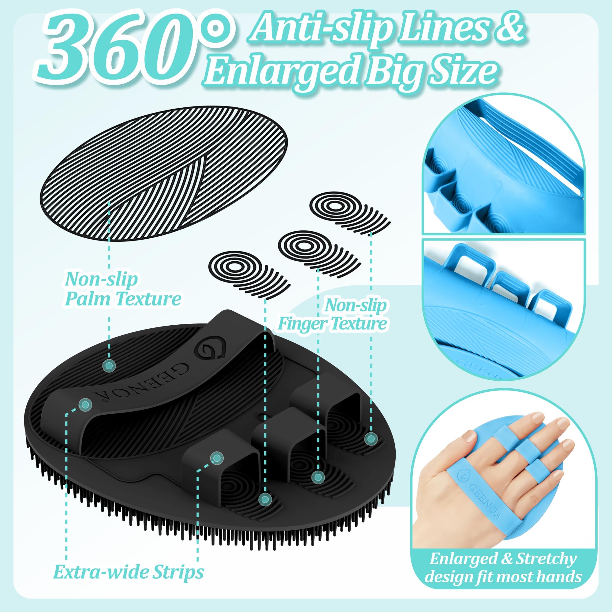 GEENOA New Silicone Bath Glove with Straps, 360° Anti-Slip & Enlarged Exfoliating Body Scrubber for Rich Foaming Deep Cleaning, No-Grip & Hand-fit Shower Scrubber for All Skin Types(Black+Blue)