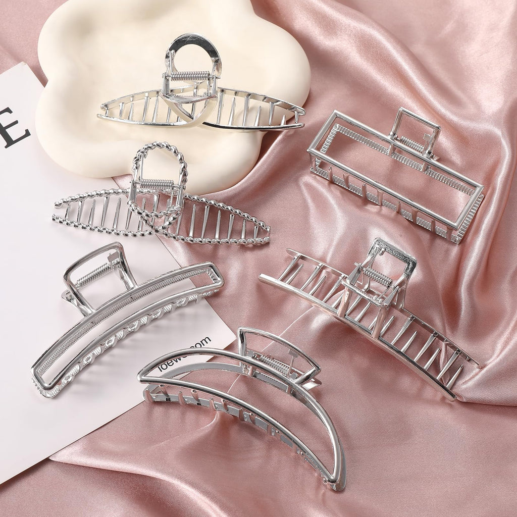 LUKACY 6 Pack Large Metal Hair Claw Clips - 4 Inch, Perfect Big silver claw clips hair clips for Women and Thinner, Thick hair styling,Strong Hold, Fashion Hair Accessories (Style 1 Silver)