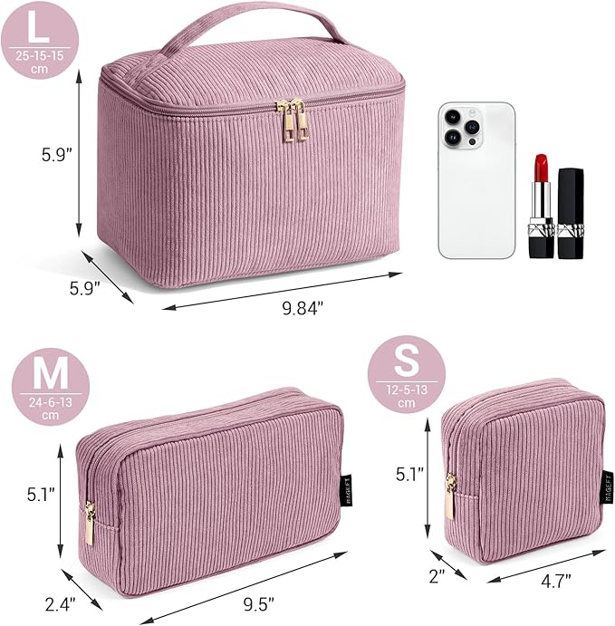 MAGEFY Makeup Bag, 3 Pcs Cosmetics Bag Large Capacity with Handle Make Up Bag for purse Corduroy Bag Pouch for Purse Travel Makeup Organizer Bag-Pink