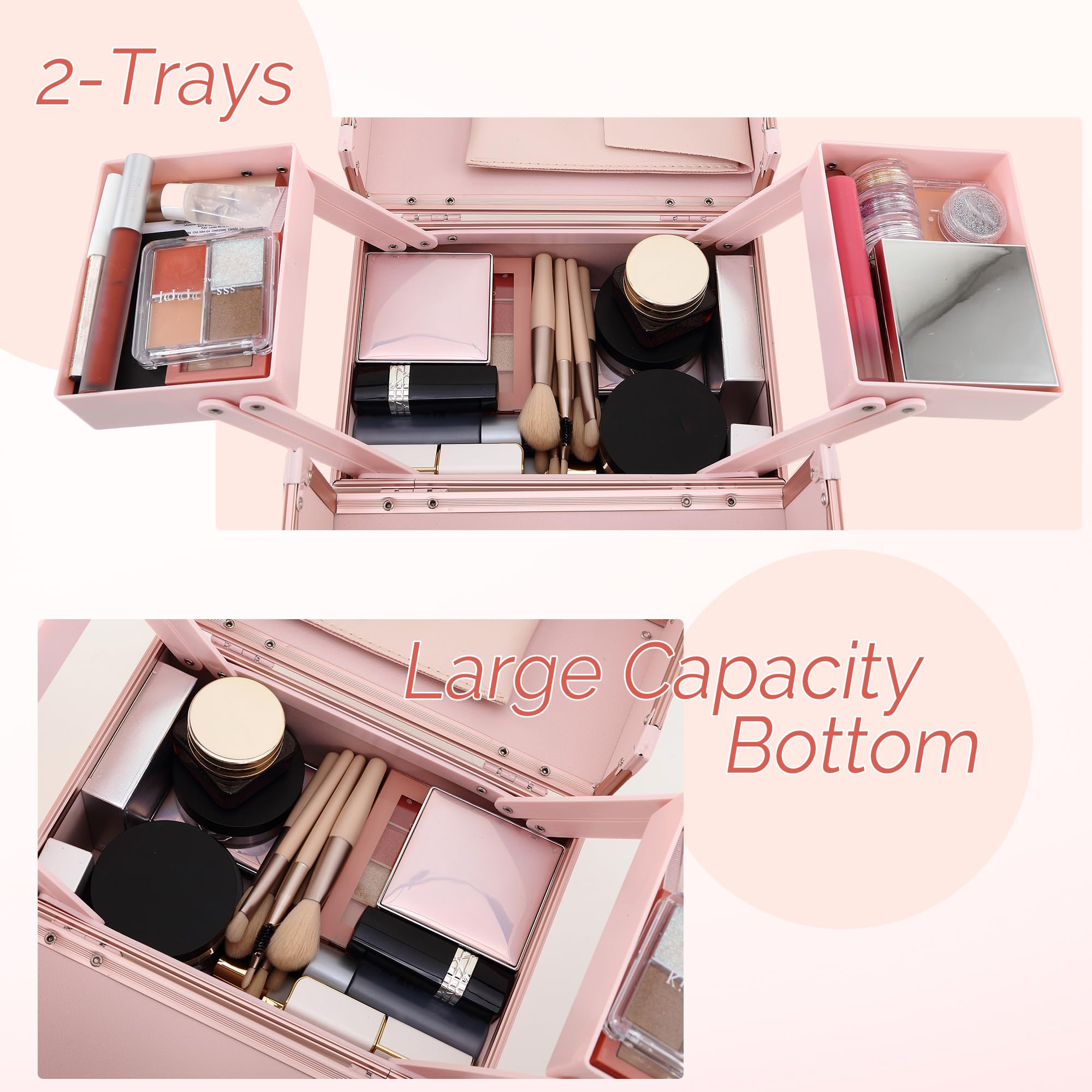 CHUANGJIN Makeup Box, 8.6 Inch 2-Tray Locking Makeup Case Organizer, Pink