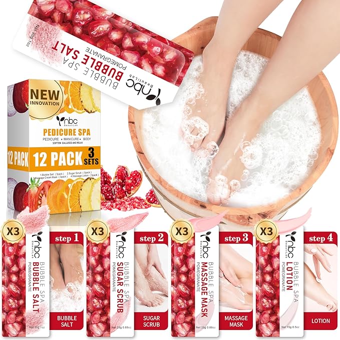 nbc BeautiLab Pedicure Kit Foot Soak Set: Bubble Salt, Sugar Scrub, Massage Mask, Massage Lotion in a Box, 4 Step Foot Spa Kit for Dry Feet,Tired Feet（3 Set Pomegranate)