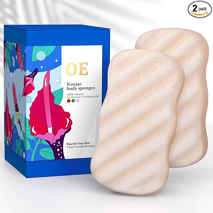 Konjac Sponge Body (2 Pack) | Microplastic Free Soft Plant Based Vegan Fiber | Sustainable | 100% Natural + Non-Toxic | Biodegradable | Eco-Friendly | Plastic Free Packaging