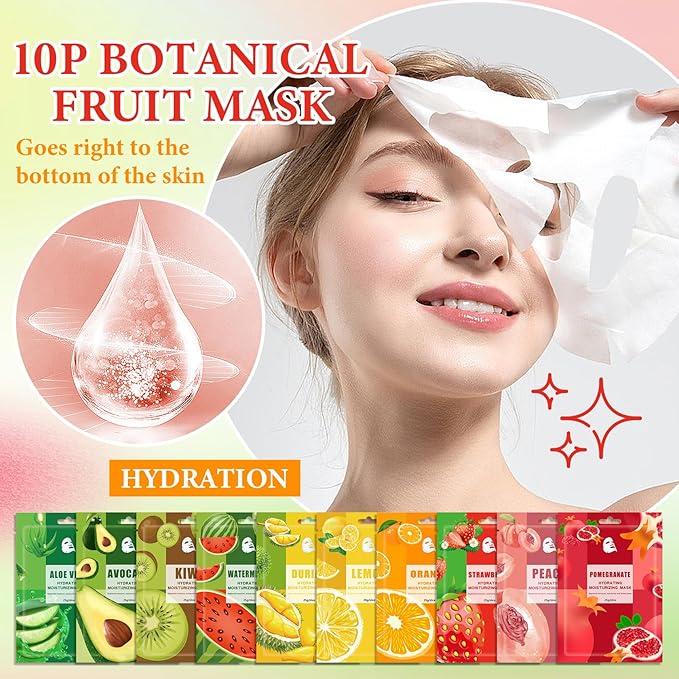 10 Pack Variety Facial Sheet Masks Skin Care Set, Hydrating Bulk Sheet Face Masks Skincare Gifts Set for Women Men, Long Lasting Moisturizing Face Mask Skincare for All Skin Type（A3