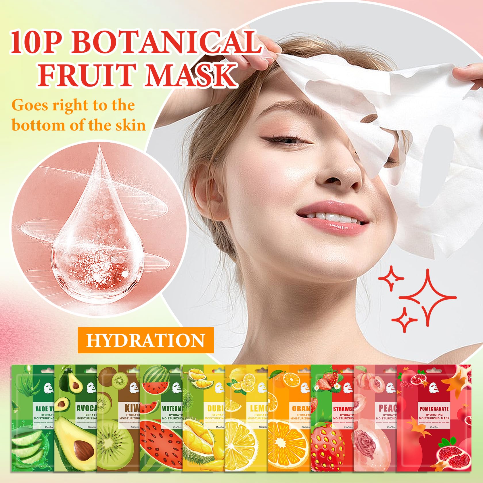10 Pack Variety Facial Sheet Masks Skin Care Set, Hydrating Bulk Sheet Face Masks Skincare Gifts Set for Women Men, Long Lasting Moisturizing Face Mask Skincare for All Skin Type（A6)