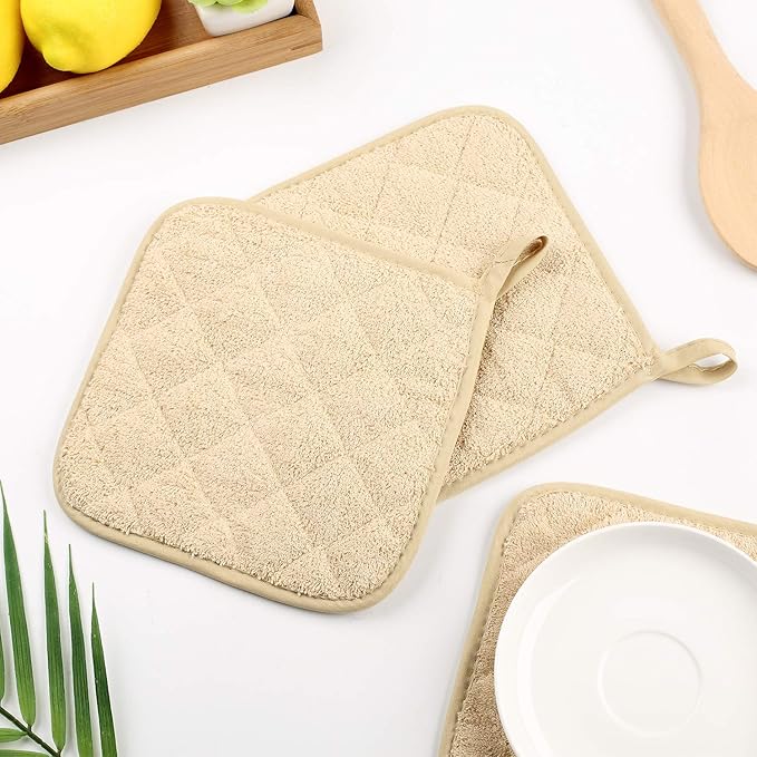 Lifaith Pot Holders for Kitchen, 100% Cotton Terry Pot Holder Set of 5, Heat Resistant Hot Pads for Cooking, Baking, Hot Dishes and Countertop Protection,Light Brown