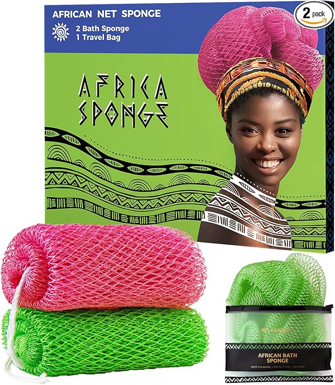 African Net Sponge Authentic - 2 Pieces 52IN Stretched Length Exfoliating Body Scrubber Bath Sponge - Loofah Washcloth Back Scrub for Shower Body Exfoliator