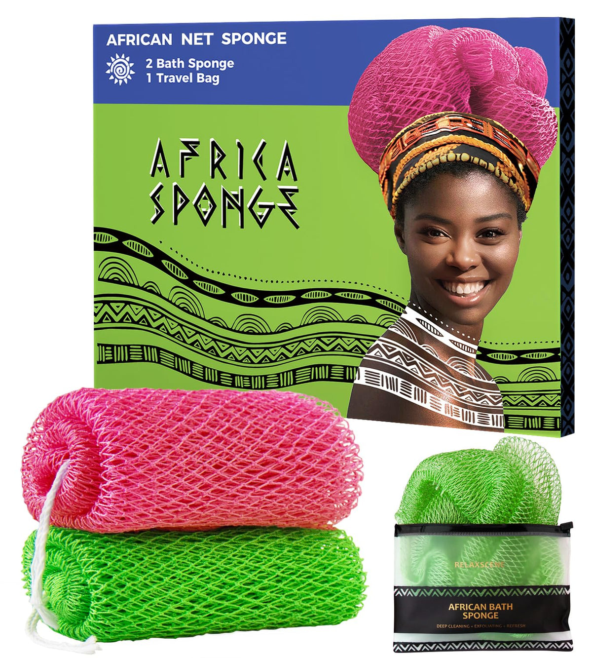 African Net Sponge Authentic - 2 Pieces Exfoliating Body Scrubber Bath Sponge - Back Scrubber Washcloth for Shower - Real African Scrub Exfoliator Body Care Bathing Accessories for Women