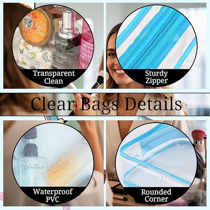 6 Pieces Large Clear Makeup Bags Bulk TSA Approved Toiletry Bag for Travel Transparent Clear Cosmetic Pouch with Zipper, Waterproof Plastic Organizer Case for Carry-on Travel Essentials (Blue)