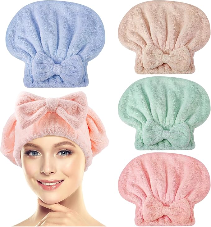 IJRPLM 4 Pack Microfiber Hair Towel Cap,Super Absorbent Hair Towel Wrap Drying Hair Cap,Soft Microfiber Hair Drying Towel Cap with Bow-Knot,Anti Frizz Hair Turban Wrap for Curly Long Wet Hair