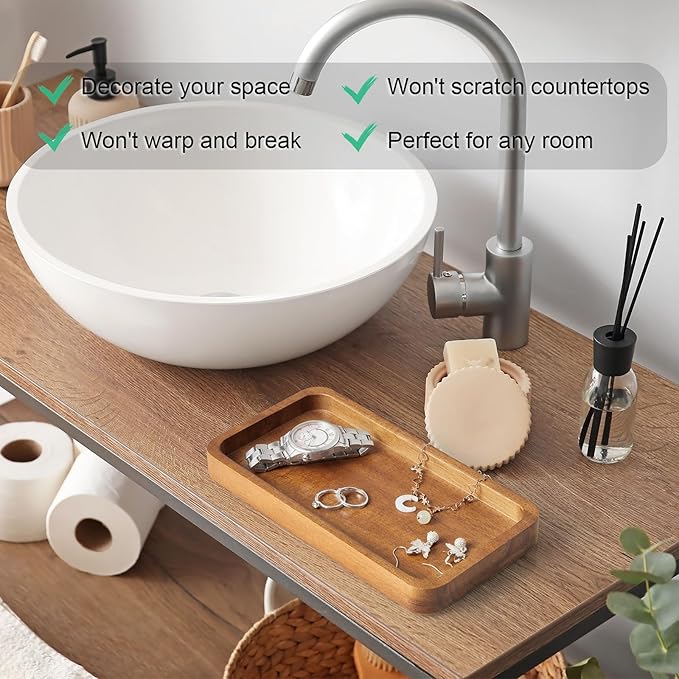 ALELION 8" Acacia Wood Bathroom Vanity Tray for Counter - Wood Tray for Dresser Tops Perfume Jewelry Candle Key Catchall - Small Kitchen Countertop Organizer for Soap Dispenser and Sponge Holder