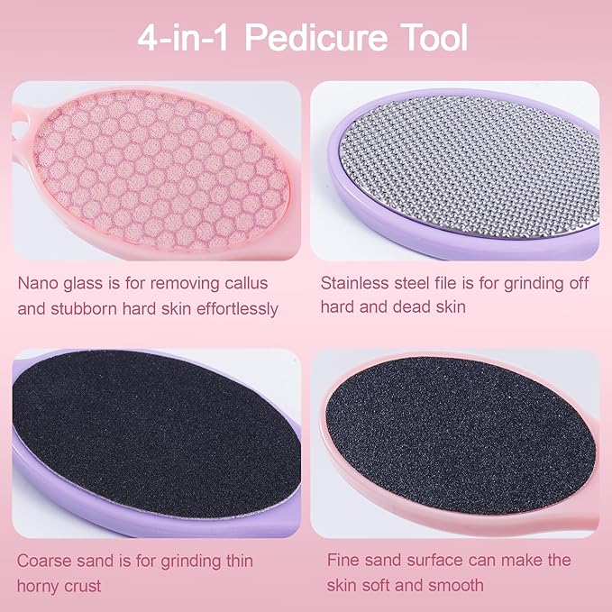 4-in-1 Nano Glass Foot Callus Remover, Professional Foot File (Glass, Rasp & Sand Paper), Durable Foot Scrubber Pedicure Tools for Hard and Dead Skin Remover, Soft Smooth Feet, 2 Pcs Pink