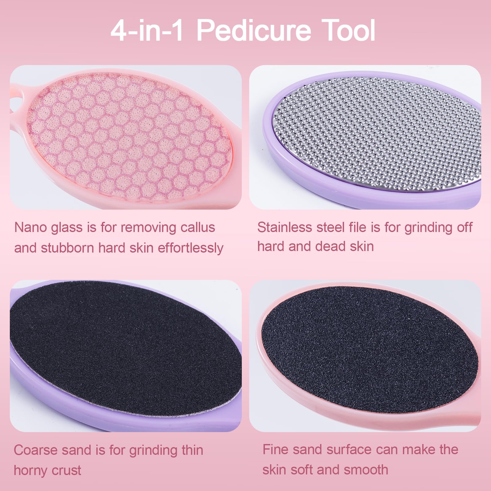 YIOYOODA 4-in-1 Nano Glass Foot Callus Remover, Professional Foot File (Glass, Rasp & Sand Paper), Durable Foot Scrubber Pedicure Tools for Hard and Dead Skin Remover, Soft Smooth Feet, 2 Pcs Pink