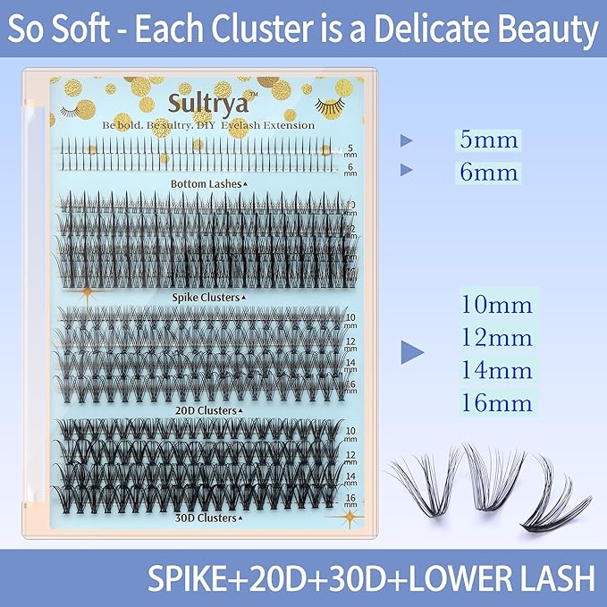Eyelash Extensions Lash Clusters Natural Mixed Individual False Eyelashes Multi-types Bottom Lashes Spike 20D 30D Clusters with 10-16mm Multiple Lengths Wispy Look Light Volume for Self Use