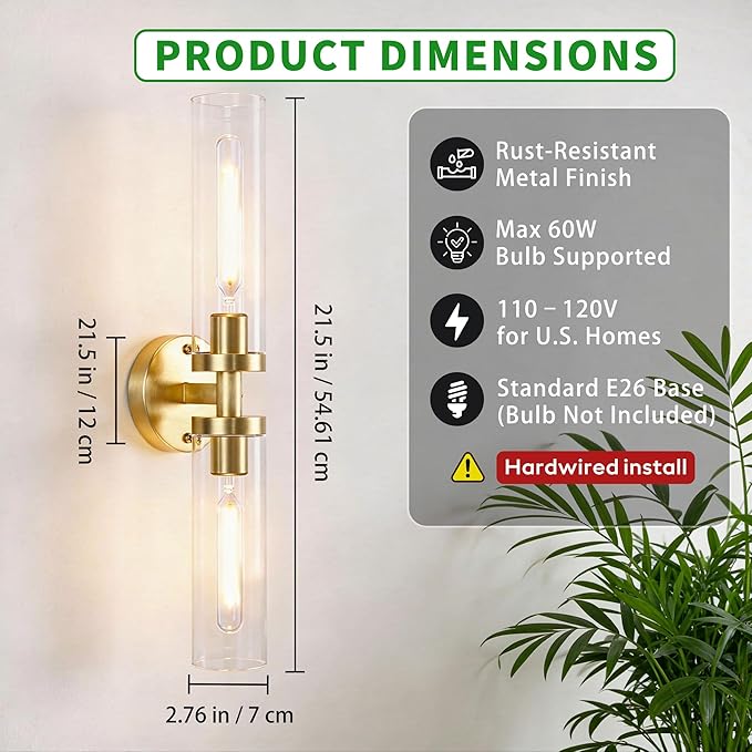 Wall Sconces 2-Pack, Hardwired Bathroom Light Fixtures, Modern Farmhouse Vanity Wall Lighting with Clear Glass Shades, E26 Base Wall Sconce Wall Lights for Bathroom Wall Decor, Gold