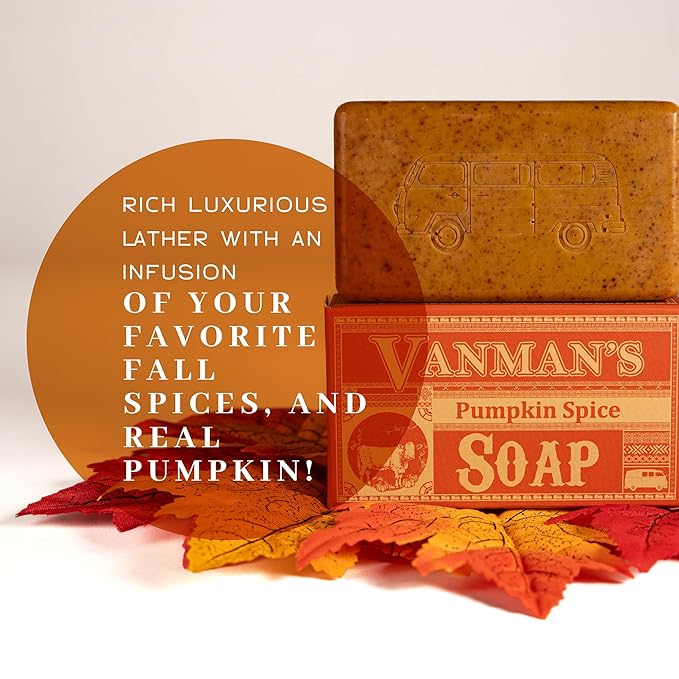 VanMan Pumpkin Spice Body Soap - Grass Fed Finished Suet Beef Tallow & Pumpkin Puree - Nourishing, Hydrating & Moisturizing Natural Bar Soap with Essential Oils - Autumn Scent - 3.8 oz Bar (10 Pack)