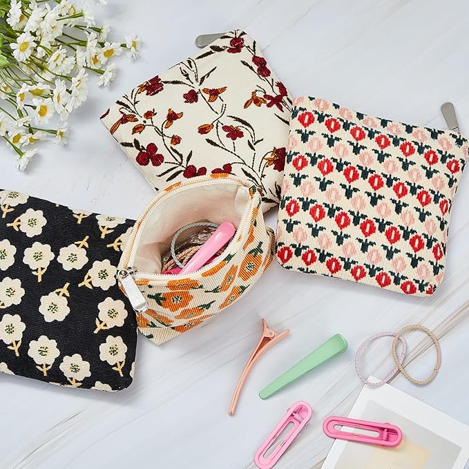 Abbylike 4 Pcs Small Makeup Bag Corduroy Cosmetic Pouch with Zipper Portable Little Bags for Purse Mini Pouch Cute Makeup Purse for Coin Essentials Items Women (Classic)