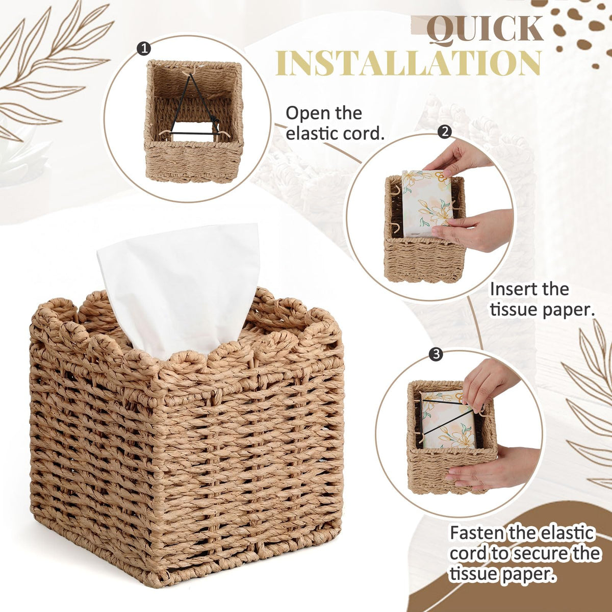 Chengu Scallop Tissue Box Cover, 7.9 x 6.7 x 6.7 Inch Paper Rope Holder