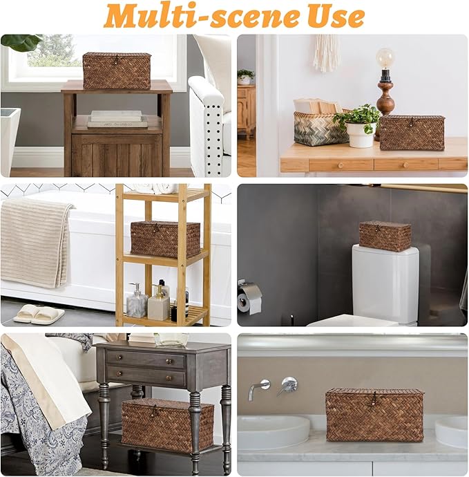 Sumnacon Wicker Basket with Lid Rectangle Woven Baskets for Toiletries Tampon Storage,Wicker Storage Basket with Lid,Decorative Seagrass Storage Baskets for Shelf Bathroom Toilet Table, Coffee