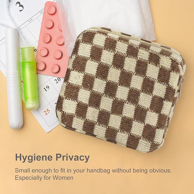 CekPo Sanitary Napkin Storage Bag, Menstrual Pad Zipper Bag Checkered Portable Period Bag Panty Liners, Tampon Storage Pouch for Women Ladies Daily Use Storage Purse Travel