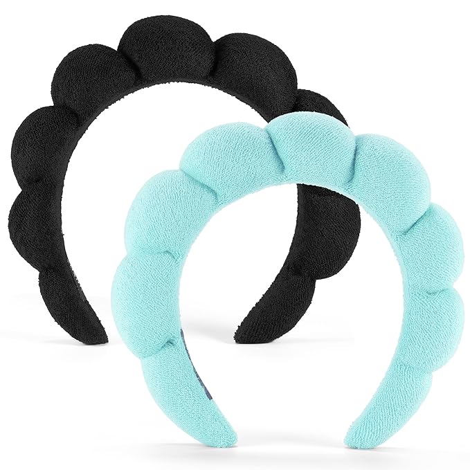 Ztomine Spa Headbands for Washing Face or Facial, Set of 2 Skincare Headbands, Terry Cloth Headband Wash Combo Pack - Puffy Makeup Washing, Mask, Skin Treatment (Black & Turquoise)