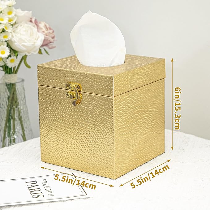 UPPER DECOR Gold Tissue Box Cover, Elegant Square Tissue Box Holder for Bathroom, Bedroom, and Office, Modern Decorative Tissue Box for Home Décor