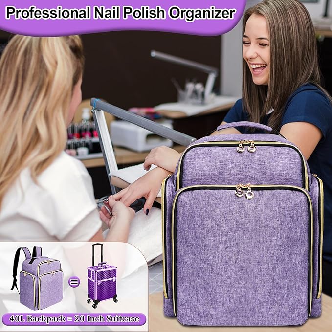 ahzske Nail Polish Organizer Backpack Holds 126 Bottles& Nail Lamp, Extra Large Nail Kit Supplies Organizer Bag with 3 Removable Cases, Portable Nail Organizers and Storage for Travel (Noble Purple)