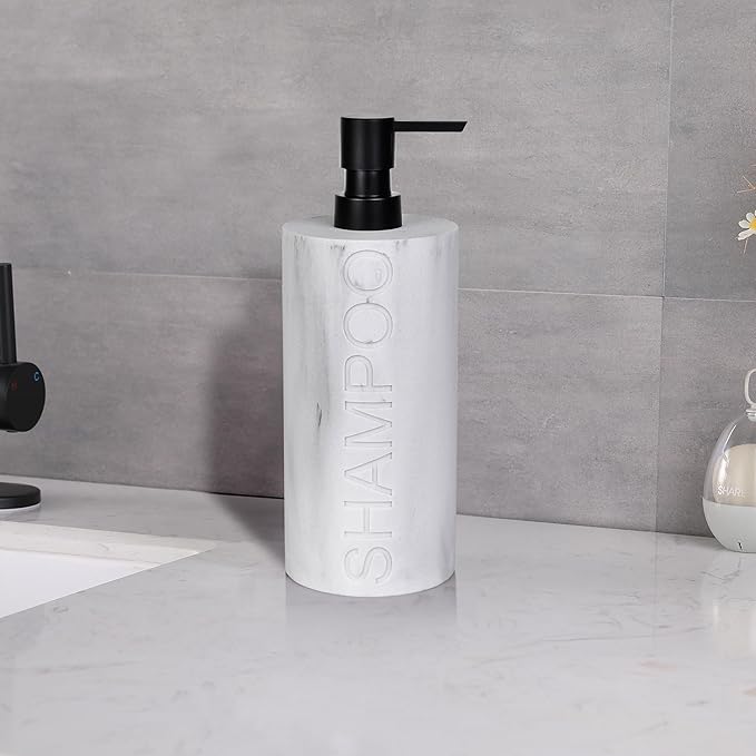 Indecor Home Resin White Marbled Shampoo Engraved Bottle Refillable Pump Dispenser, Durable Waterproof Construction for Bath, Shower - Resin White Marble - Matte Black Pump