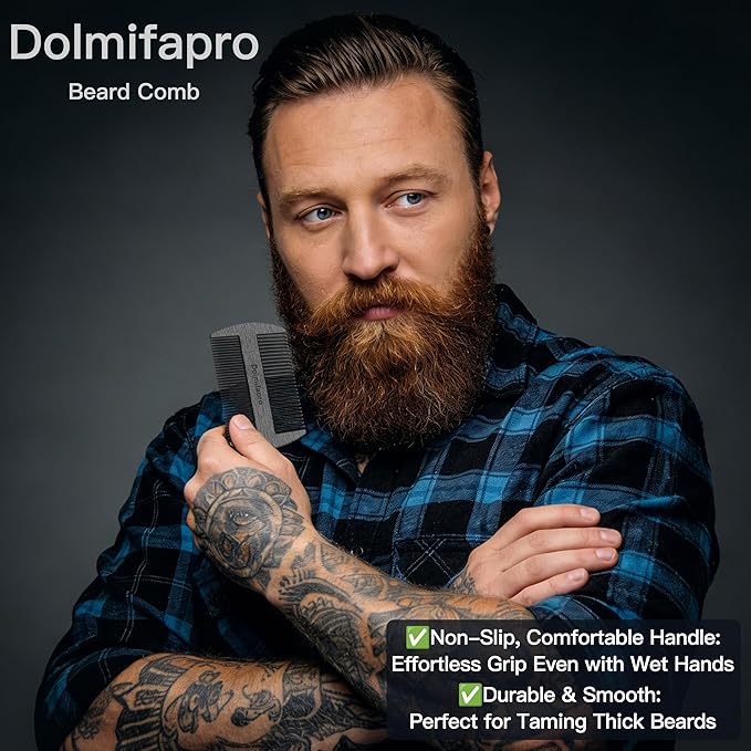 Dolmifapro 304 Stainless Steel Pocket Beard Comb for Men, Anti-Static Dual Fine Coarse Teeth Ultra-Thin Mustache Hair Grooming Comb with PU Leather Case (black)
