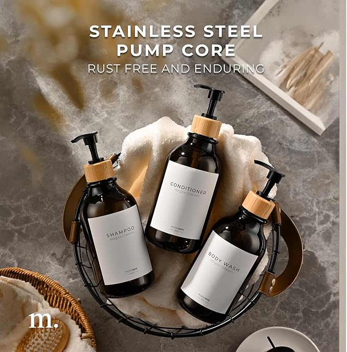 Shampoo and Conditioner Bottles Set of 3 Amber Bamboo – Shower Shampoo Dispenser – Hotel Style Bathroom Upgrade by MaisoNovo