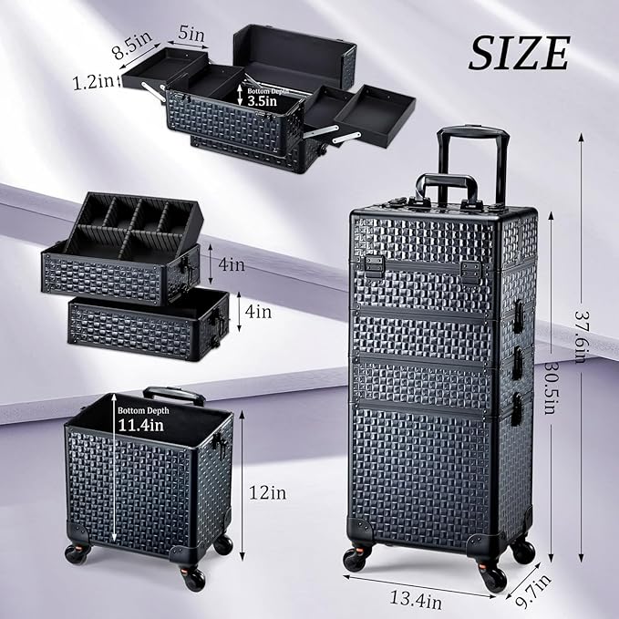 Adazzo 4 in 1 Rolling Makeup Trolley Train Case Cosmetic Suitcase Nail Tech Box for Makeup Artist, Hairstylists, Nail Tech Case with with Keys Swivel Wheels Traveling Trunk (Shiny Brick)
