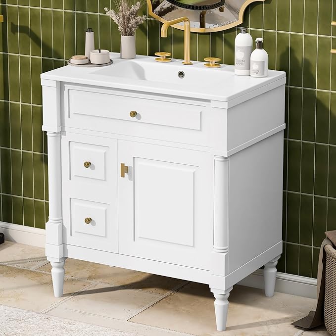 Harper & Bright Designs 30" Bathroom Vanity with Sink, Free Standing Bathroom Vanity Set with Flip Drawer, 2 Drawers, and Adjustable Shelf, Wood Storage Cabinet with Ceramic Basin for Bathroom, White