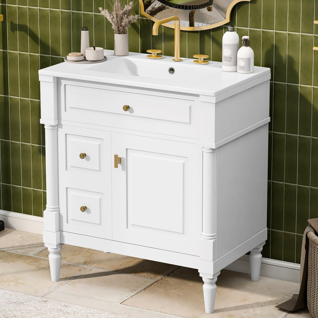 Harper & Bright Designs 30" Bathroom Vanity with Sink, Free Standing Bathroom Vanity Set with Flip Drawer, 2 Drawers, and Adjustable Shelf, Wood Storage Cabinet with Ceramic Basin for Bathroom, White