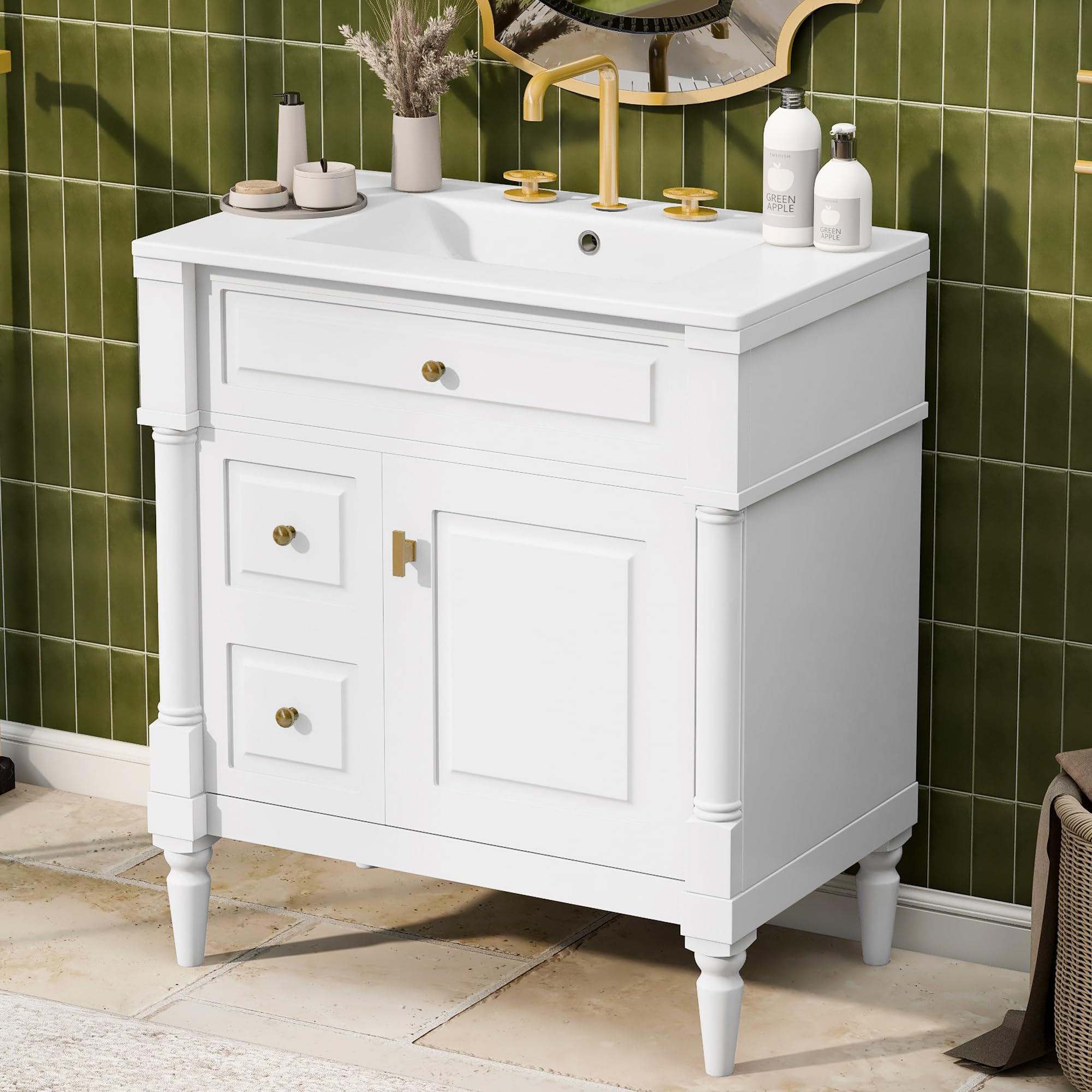 Harper & Bright Designs 30" Bathroom Vanity with Sink, Free Standing Bathroom Vanity Set with Flip Drawer, 2 Drawers, and Adjustable Shelf, Wood Storage Cabinet with Ceramic Basin for Bathroom, White