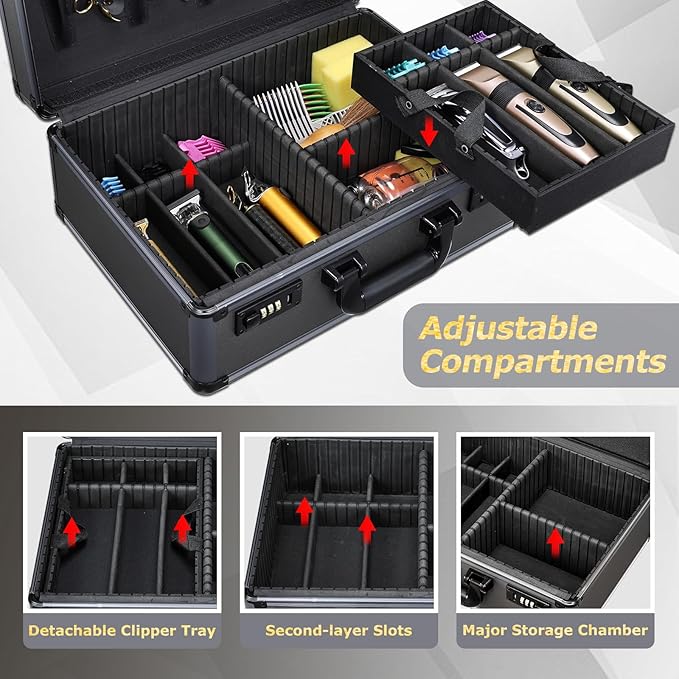 Yueieoun Professional Barber Case with Barber Clipper Tray Organizer, 6 Adjustable Clipper Slots & 8 Shear Holders, Portable Barber Carrying Case for Hair Tools & Supplies with Combo Locks