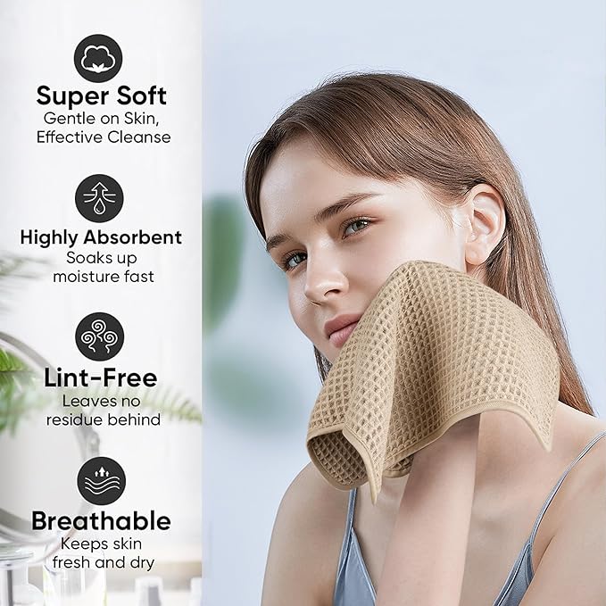 Microfiber Waffle Face Towels, 4 Pieces, Soft, Absorbent, Fast Drying, Lint Free 430 GSM (Beige)