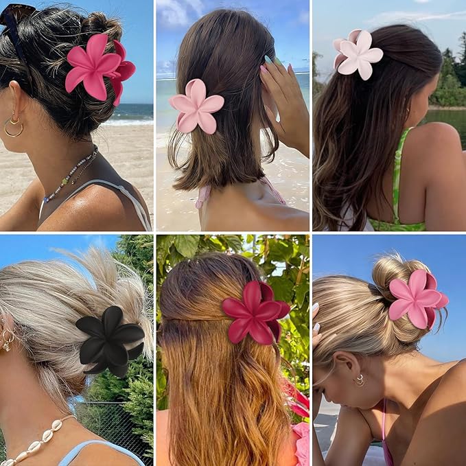 Sisiaipu Flower Hair Clips for Women 6 Pcs Hawaiian Large Claw Clips Plumeria Medium Hair Claw Clips for Thick Thin Hair Hibiscus Tropical Beach Hair Accessories for Women Girls and Girls (Pink)