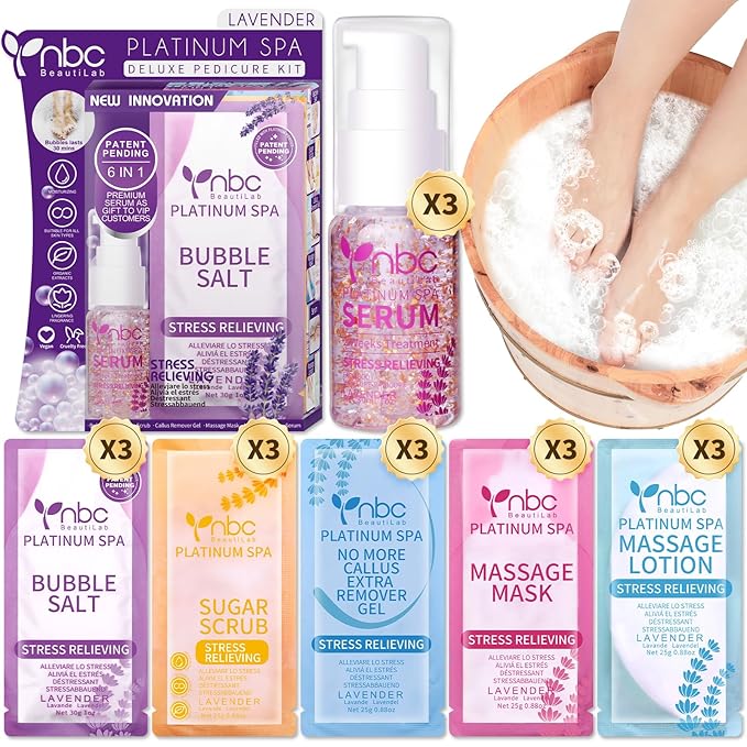 nbc BeautiLab Pedicure Foot Soak Set - Upgraded 6 in 1 Foot Spa, Foot Bath Spa, Pedicure Kit for Tired & Dry Cracked Feet, Athletes Feet, Bad Odor, Softens Calluses (3 Set Lavender)