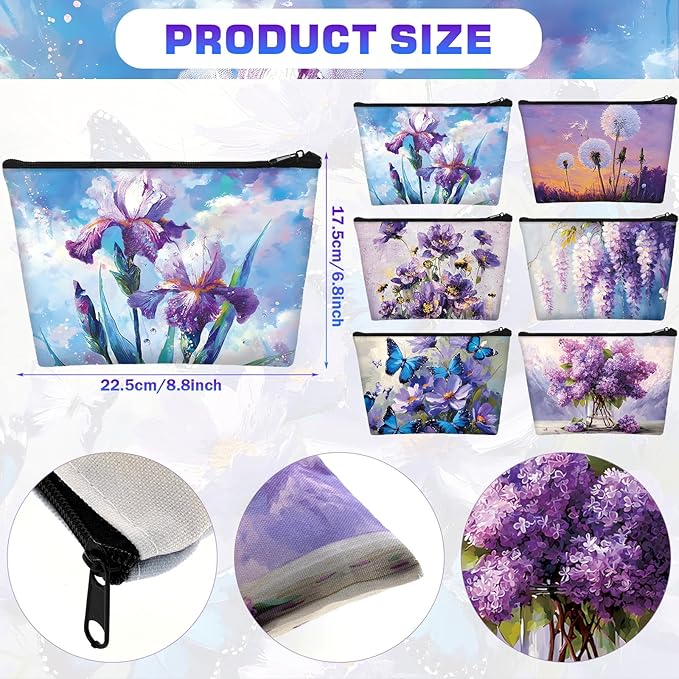 Sweetude 12 Pcs Purple Flowers Makeup Bags Bulk Purple Portable Travel Cosmetic Bag with Zipper Oil Painting Floral Waterproof Roomy Travel Toiletry Organizer Storage Beauty Pouch for Women Gifts