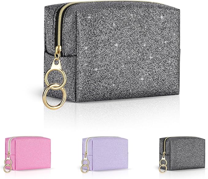 Playexen Mini Makeup Bag, Small Glitter Cosmetic Bag for Purse with Ring Buckle, Portable XS Travel Makeup Pouch for Girls Women Daily Use (Black)