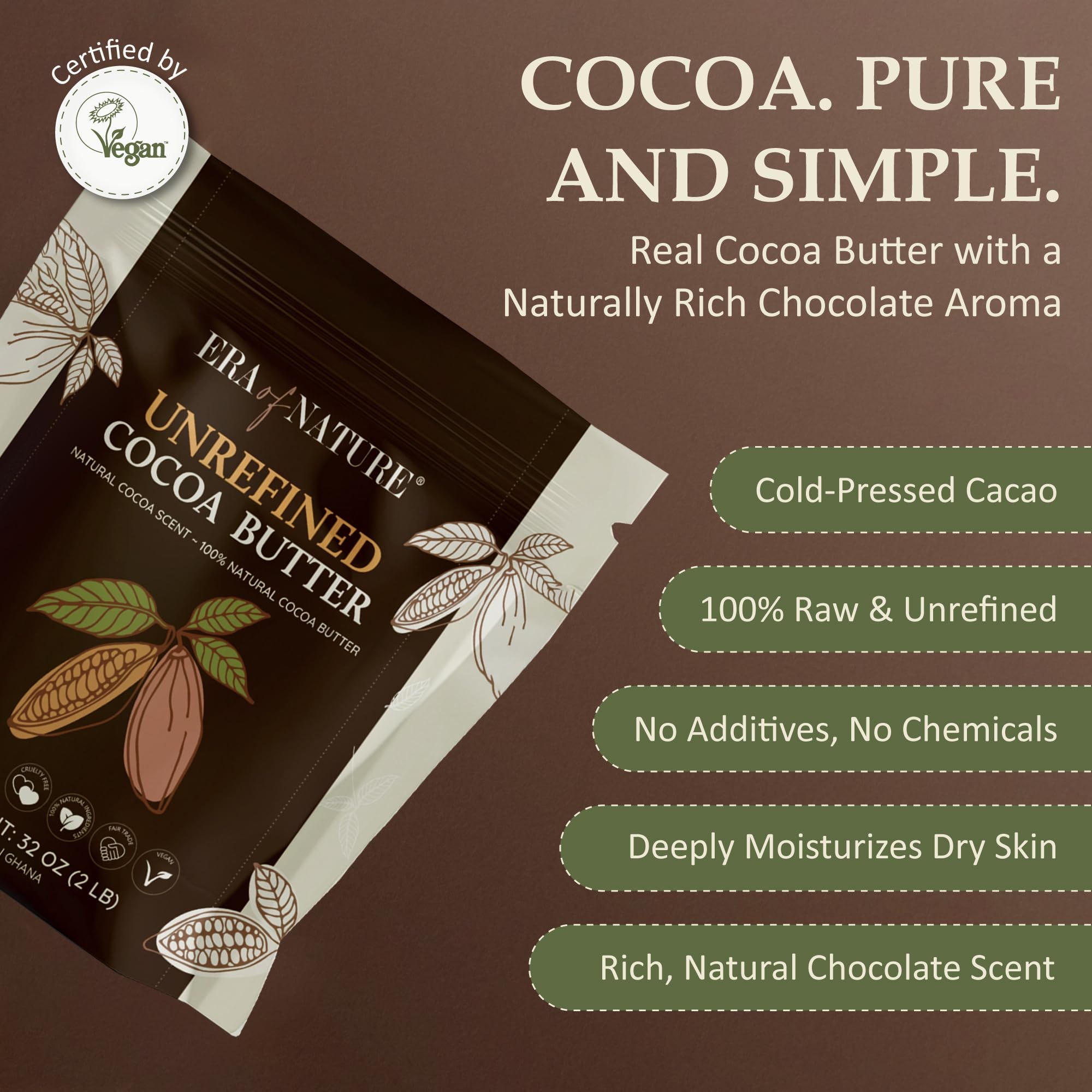 Era of Nature Cocoa Butter Raw – 100% Pure & Unrefined, Cold-Pressed Cacao – For DIY Skincare & Haircare – Deep Hydration for Skin, Hair, Lips – Stretch Mark & Scar Care – Natural Chocolate Scent, 8oz