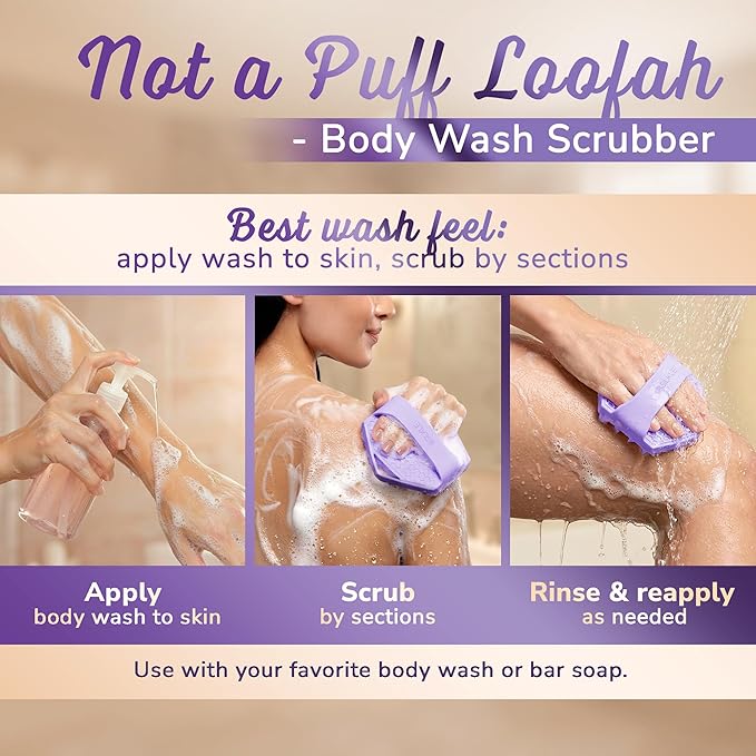 Silicone Body Scrubber – Gentle Exfoliating Shower Scrubber for Body & Bath, Silicone Shower Brush & Loofah Alternative – Non-Slip Silicone Body Brush, Quick Dry, Hygienic - Purple