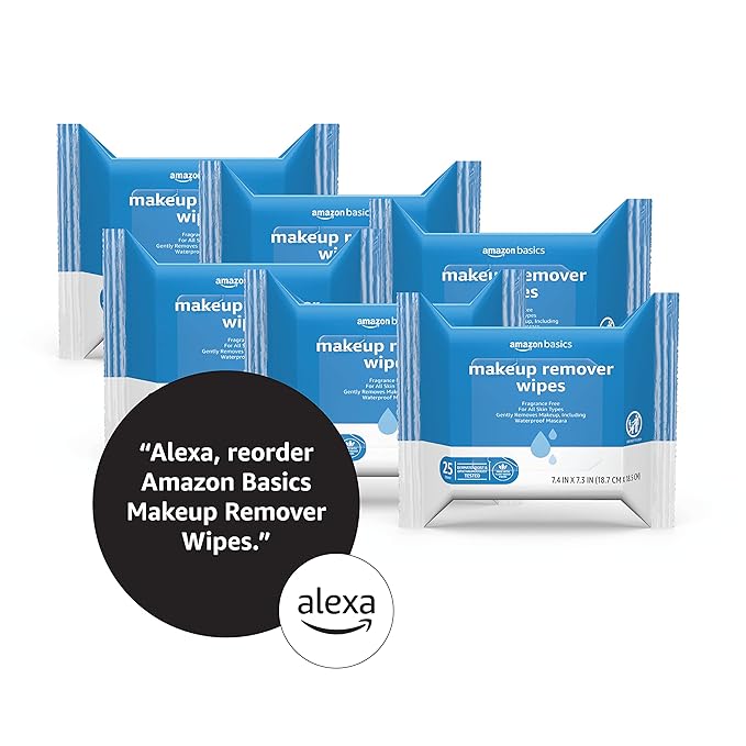 Amazon Basics Makeup Remover Wipes, Formulated without Fragrance and Alcohol-Free, Gentle Cleansing, Removes Waterproof Mascara, Dermatologist Tested, 25 Count, Pack of 6