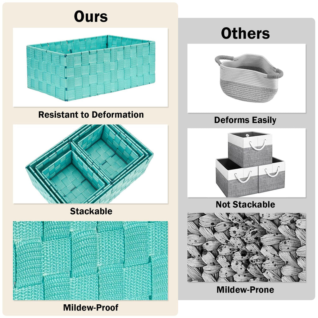 Storage Baskets: 6 Pack Stackable Woven Storage Bins, Aqua