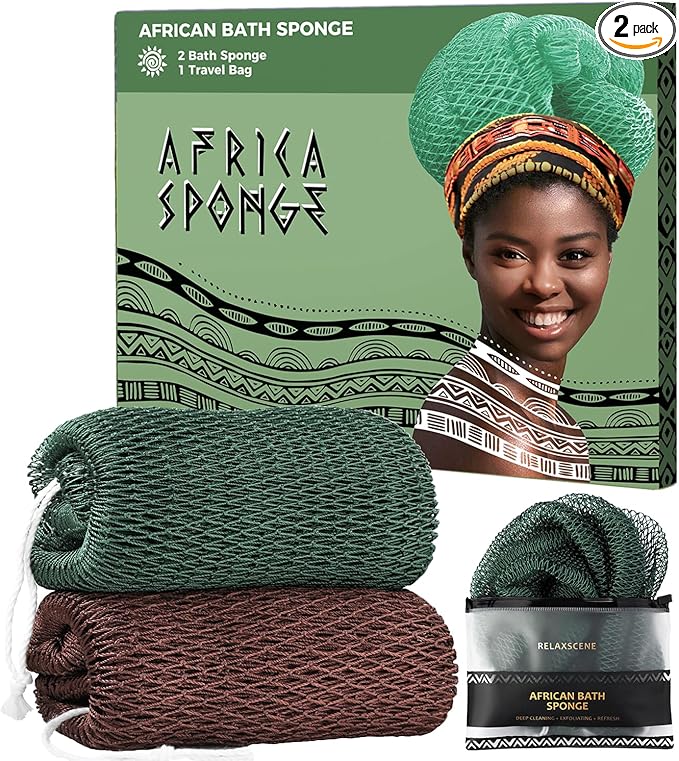 African Net Sponge Authentic - 2 Pieces 52IN Stretched Length Exfoliating Body Scrubber Bath Sponge - Loofah Washcloth Back Scrub for Shower Body Exfoliator