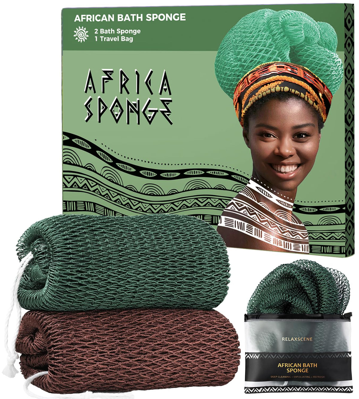 African Net Sponge Authentic - 2 Pieces Exfoliating Body Scrubber Bath Sponge - Back Scrubber Washcloth for Shower - Real African Scrub Exfoliator Body Care Bathing Accessories for Women