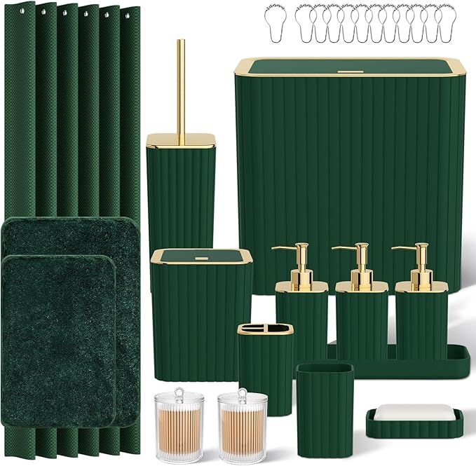 InnJoey Bathroom Sets with Shower Curtain and Rugs - Elegant Bathroom Set, 27PC Bathroom Accessories Set, Green Bathroom Set, Mini Trash Can, Toilet Brush, Trash Can & Soap Dispenser